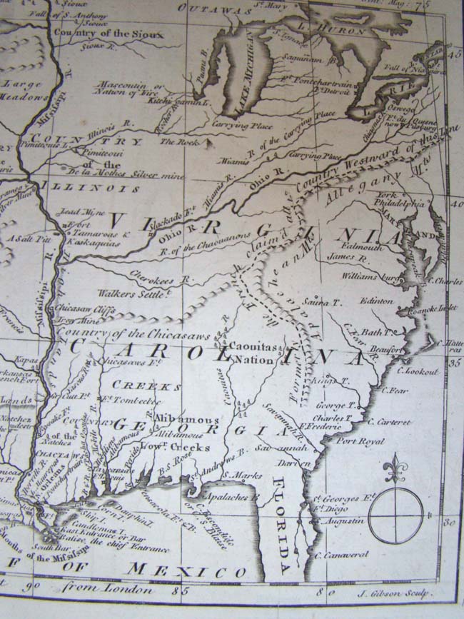 An 18th century Map showing the Louisiana Territory, The Carolinas, Virginia and the Great Lakes region circa 1763.